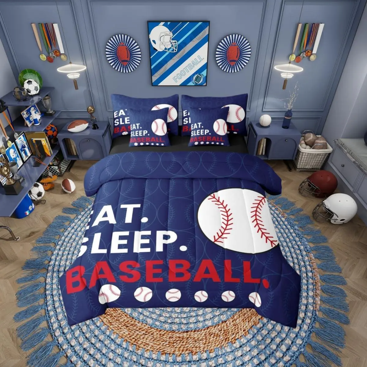 Feelyou 7-Piece Baseball Theme Soft Breathable Bedding Set - Navy Blue-White-Red, Twin Boys Bedding Set, Includes Quilt Cover, Breathable Cozy Blanket & Soft Warm Blanket, Multi-Size Bedroom Linens