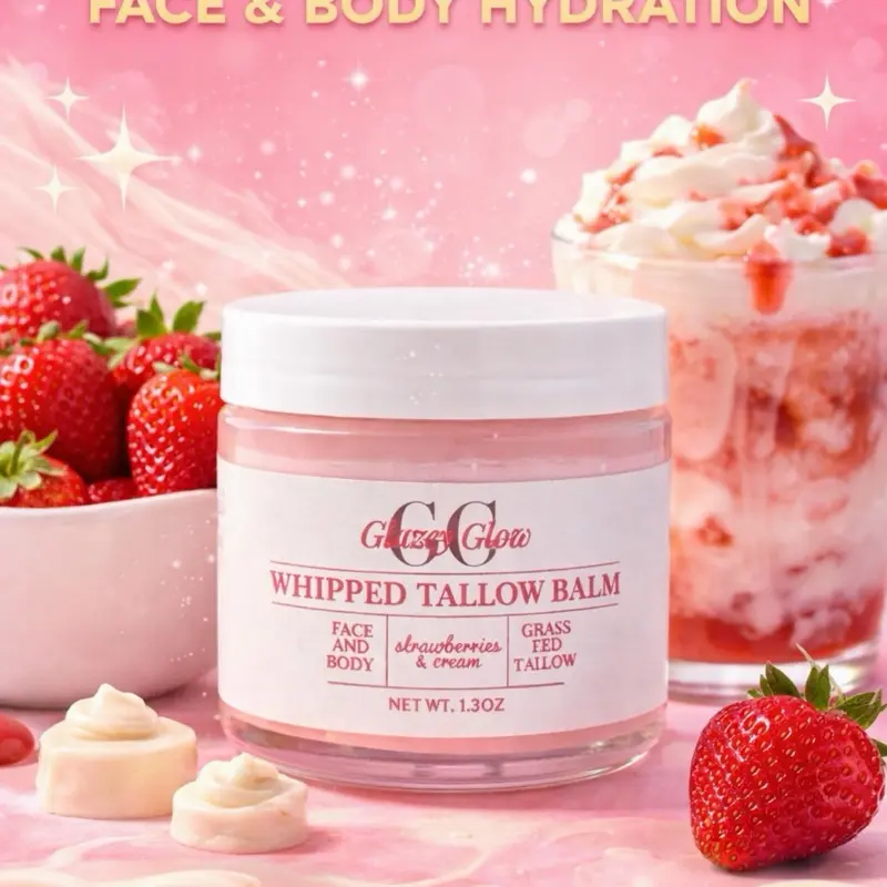Strawberries & Cream Whipped Grass Fed Tallow Balm - Face & Body Moisturizer with Tamanu Oil, Vitamin E, Hydrating Benefits for Radiance, Moisture, Skin Repair & Soft Skin