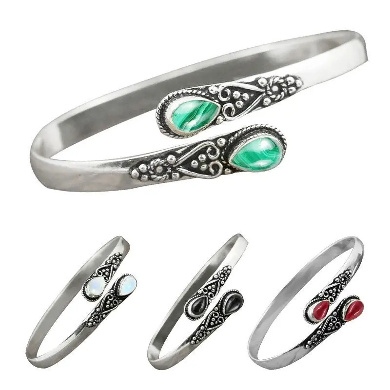 Vintage Braided Cuff Bracelet with Green Agate Inlaid Stone, Unisex Zinc Alloy Statement Jewelry