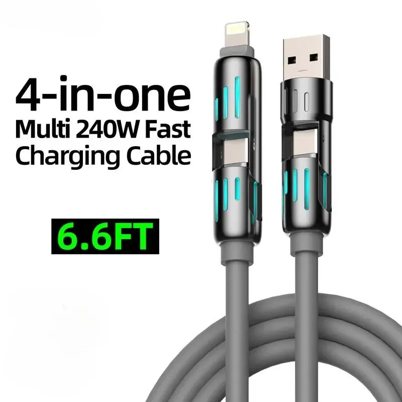 【New】4 in 1 Multi-Function USB Charging Cable - MAX 240W Fast Charging/Charger Cable, Lightning Data Transfer with USB A + Type C, for Iphone Ipad, Samsung Galaxy Macbook Ipad Tablet, Smartphone Cellphone Etc. Device Durable Electronic Grey