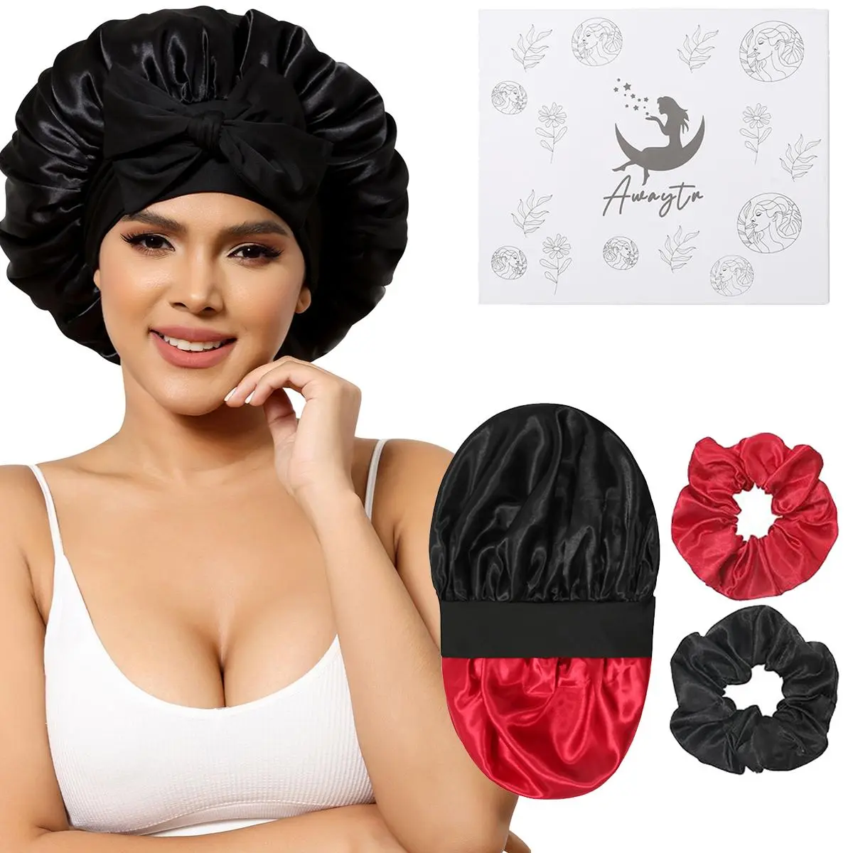 Black-Red Bonnet + 2Pcs Scrunchies	