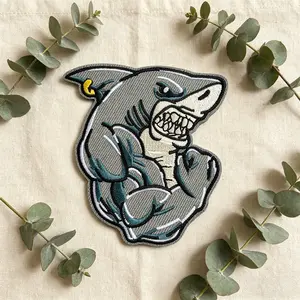 Muscle Shark Embroidery Patch, Heat Transfer Back Adhesive, Suitable for Clothes, Jackets, Hats, Accessories, 1 Piece