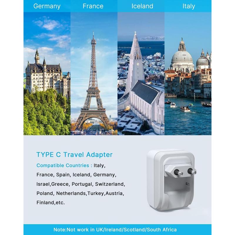 SQ-APT018 1 Pack European Travel Plug Adapter,  Foldable International Power Plug with 2 AC Outlets 3 USB Ports(2 USB C), Type C Travel Essentials Charger for US to Most of Europe EU Italy Spain France