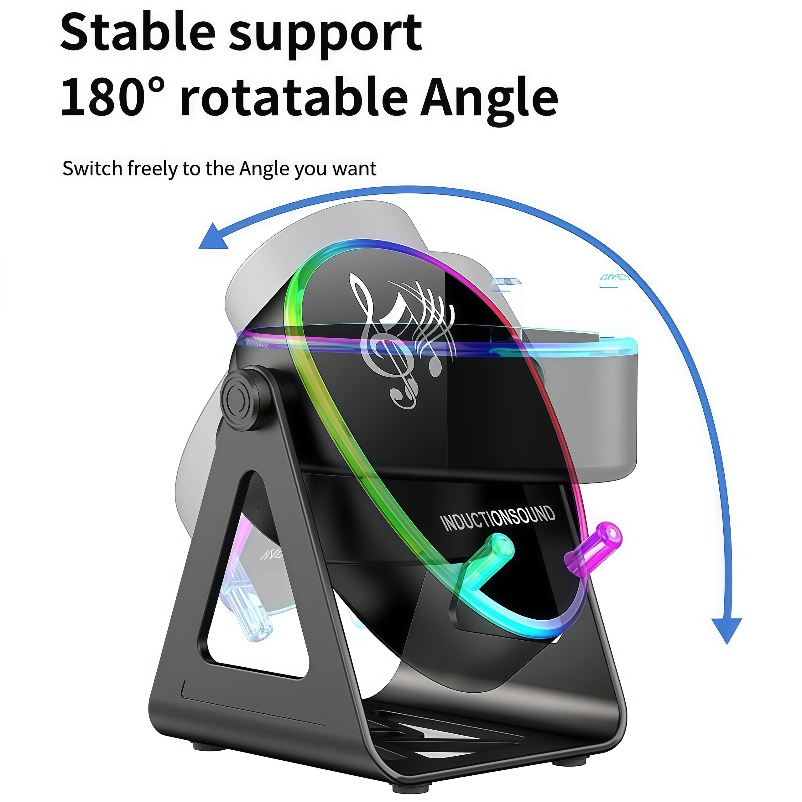 5 in 1 Wireless induction Speaker Cell Phone Stand with Bluetooth/Induction Audio & Atmosphere Ligh, 5.3 HD Surround Subwoofer Sound,300° Rotable Foldable Lift-Non-Slip Base, Wireless Charging, Fits Smart Phones