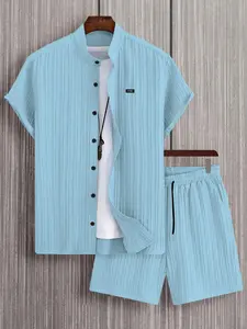 Two-piece Set Men's Solid Color Textured Short Sleeve Shirt & Drawstring Waist Shorts Set, Regular Fit Casual Shortsleeve Round Neck Top & Pocket Shorts, Men's Summer Clothes, Formal Menswear, Matching Sets, Matching Clothing Set, Shorts Sets Outfits