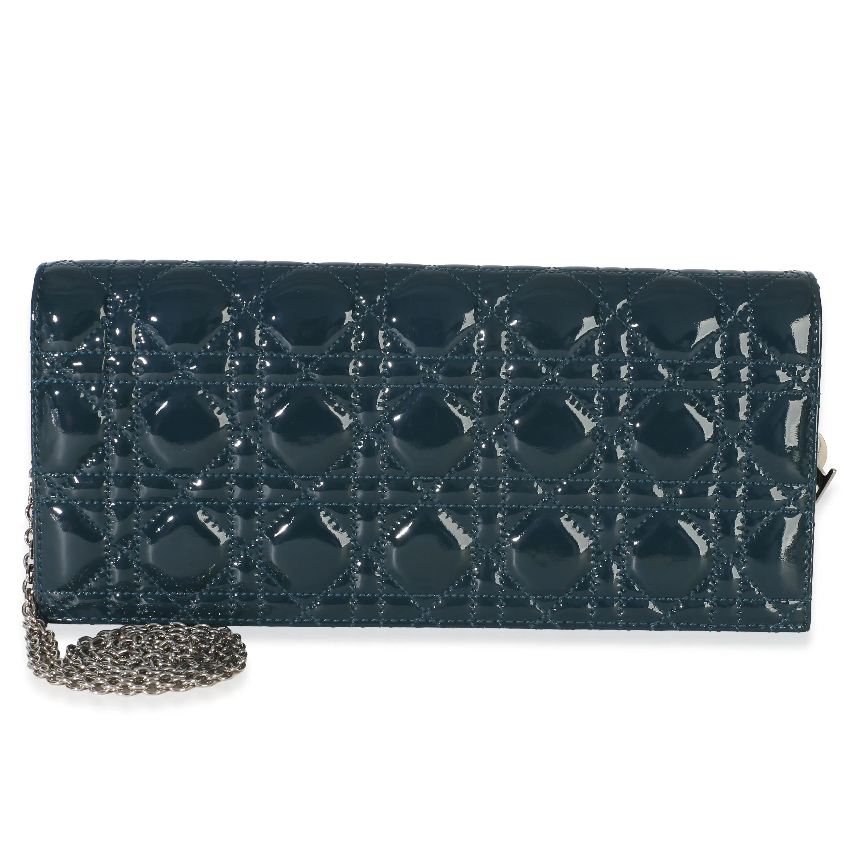 Pre-owned Patent Leather Clutches & Wristlets Blue Patent Cannage Lady Dior Clutch With Chain