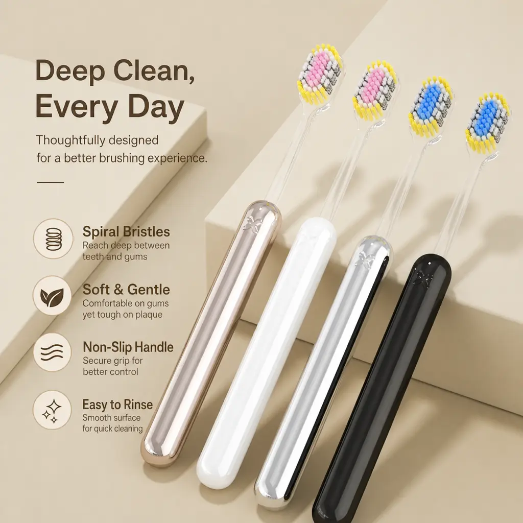 Premium Soft Bristle Toothbrush with Olive Curved Head, Elastic Spiral Gentle Bristles, Gum Care Adult Household Toothbrush