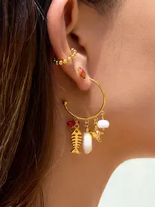 Women's Gold Earrings Marine Style Earrings 18k Gold-Plated Waterproof Red Coral Shell Fish Pendant Tassel Starfish Bohemian Jewelry Summer Must-Have Beach Travel Holiday Style Earrings