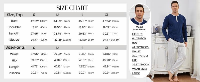 Gihuo Men's Pajama Set Soft Cotton Henley Neckline Sleepwear Long Sleeve 2 Piece Lounge Set with Pockets