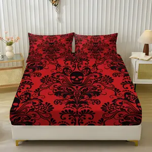 3-Piece Skull Print Bedding Set, Includes Fitted Sheet & Pillowcases, Breathable Polyester Fiber, All Seasons, Bedsheet Sets