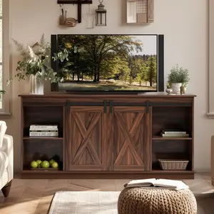 65" TV Stand with Sliding Doors & Storage | Modern Solid Wood Entertainment Center, Double-Layer Storage for Living Room