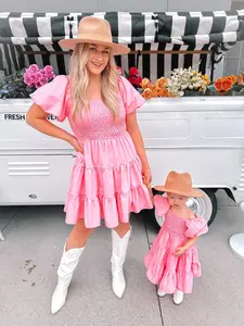 Pink Puff Sleeve Mini Tiered Dress -Mommy and Me