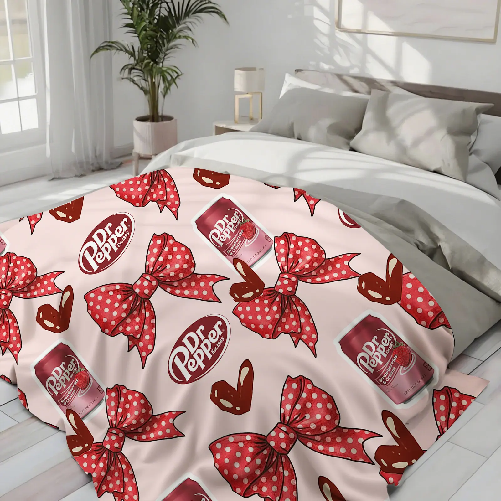 Strawberries & Cream Flavor Dr Pepper with Red Bows with White Dots Flat Velvet Blanket, Soft Office Bedding Blanket PlushThin Quilt Holiday Gift