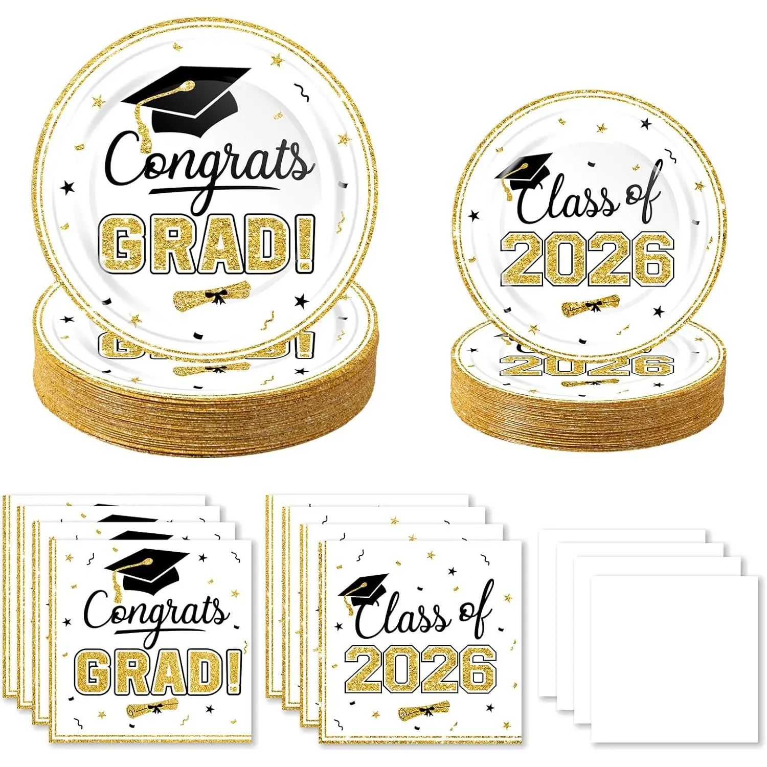 2026 Graduation Party Decorations Set 200Pcs White Gold Class of 2026 Graduation Plates and Napkins Disposable Tableware for College High School Congrats Graduation Party Supplies Serves 50