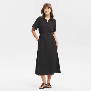 Women's Short Sleeve Button-Front Midi Shirtdress - Universal Thread Black XS