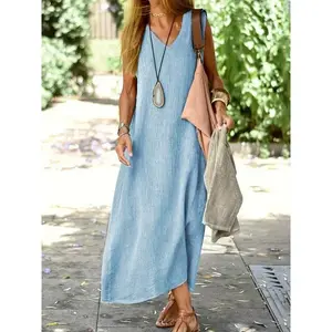 Women’s Soft Linen-Blend V-Neck Tank Dress – Casual Sleeveless Maxi Dress in Pinkish-Beige, Loose Fit for Everyday Wear