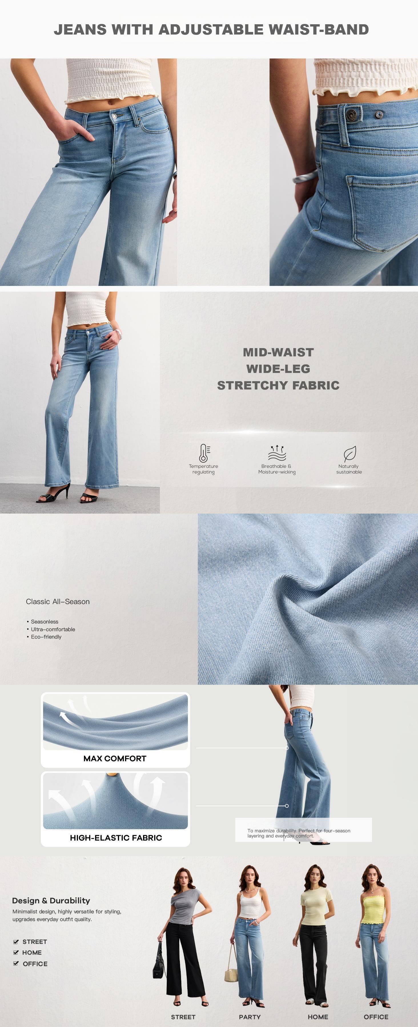 Nextrys AdaptHer Women's High-Rise Wide Straight Leg Baggy Jeans with Snap-Button Waistband Y2K Lightweight Tummy Control Casual Everyday Style Denim Basic Minimalist Maxi