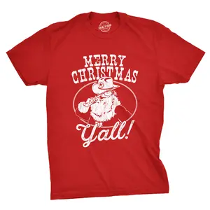 Mens Merry Christmas Yall T Shirt Funny Cowboy Santa Claus Christmas Tee Mens Funny T Shirts Cool Vintage Fashion T-Shirt Gift Classic Menswear Christmas Apparel for Men Novelty Tees for Guys Red