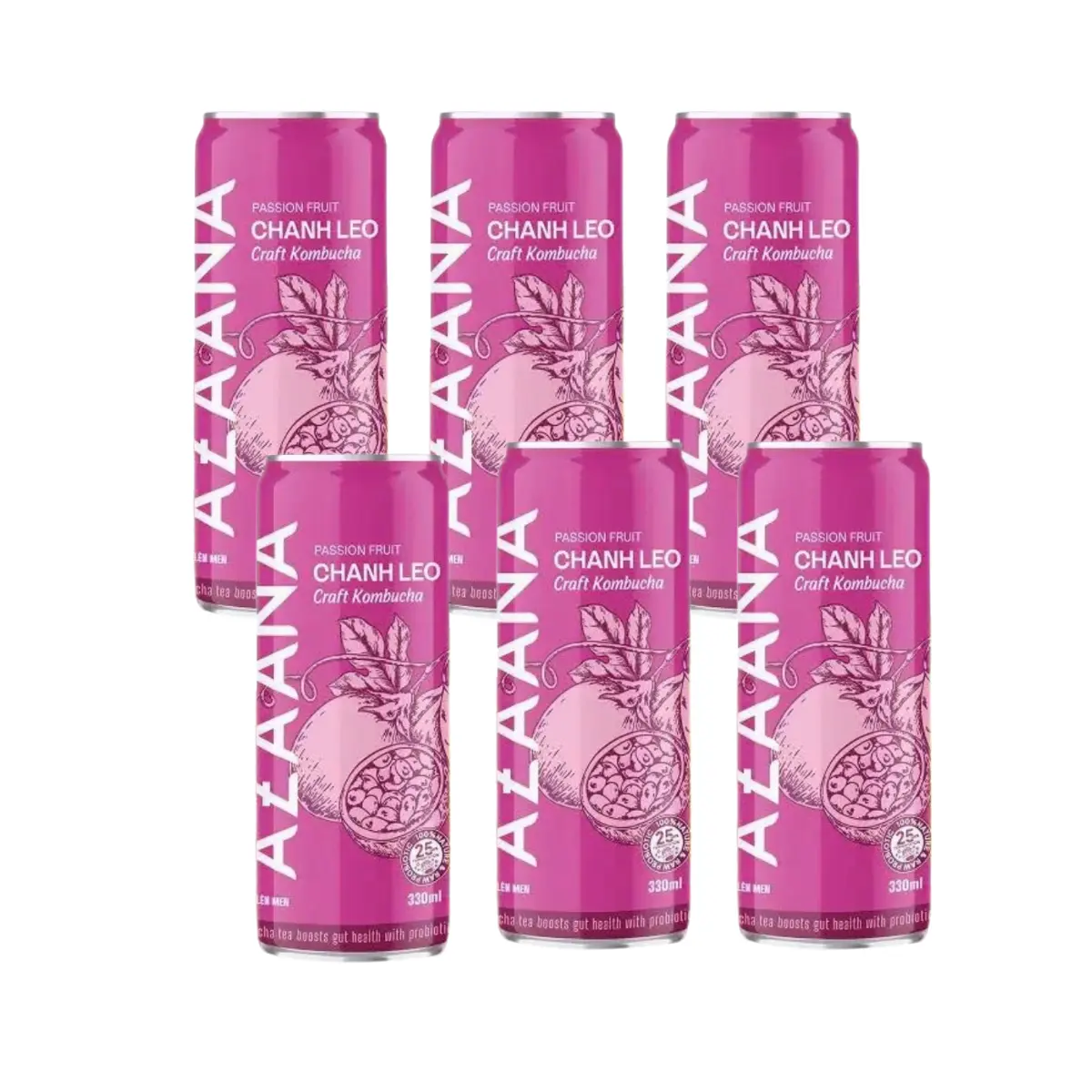 [Azaana] Caffeine-Free Fruity Passion Fruit & Pineapple Sugar-Free Original Kombucha Sparkling Fizzy Drink, 330ml Cans (6-Pack, Best Served Chilled) for Youth