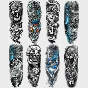 8-Piece Temporary Tattoo Stickers Set, Waterproof Animal Sleeve Art Fake Tattoos, Lion Tiger Jesus Plum Lightning Designs, Unisex Easy Application, Body Fake Tattoos