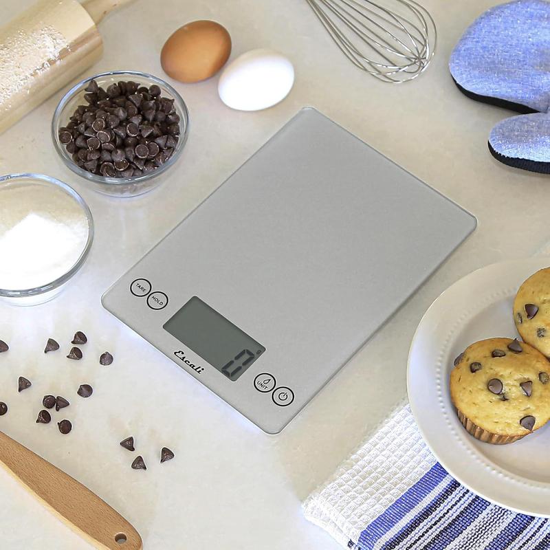 Escali Arti Glass Food Scale Digital Countertop Kitchen, Baking and Cooking Scale with Nutrition and Calorie Counter, 15-Pound Capacity, 9" X 6.5" X .75", Shiny Silver Escali