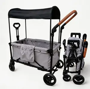 2-Kid Collapsible Push-Pull Stroller Wagon, Quad Tandem Multifunction Baby Travel Gear with Adjustable Handle, Encircling Harness, Removable Canopy, 4 Braked Wheels for Outdoor & Beach