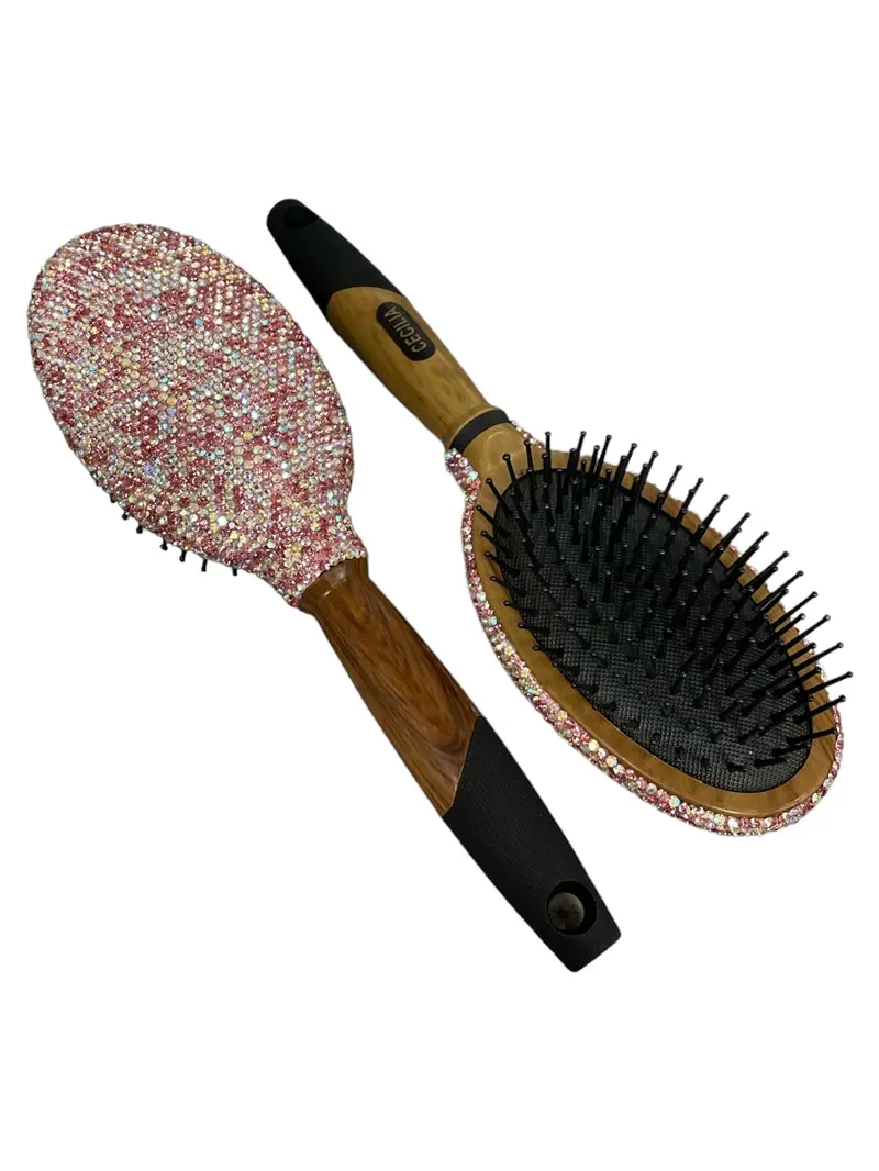 Bling Bling!! Wood Handled Pink Multi Rhinestone Hair Brush