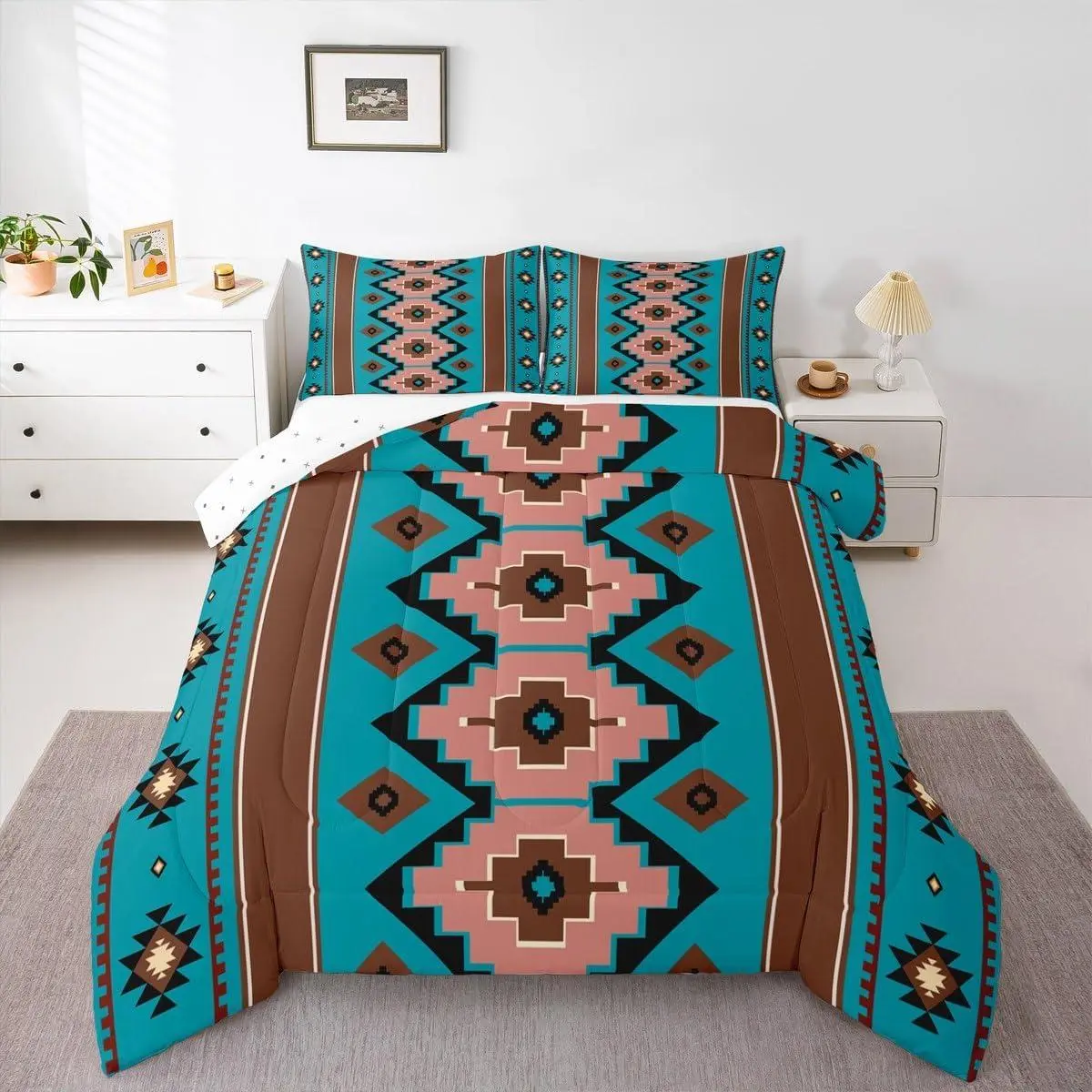 Boho Aztec Comforter Set West Bedding Set Teel Brown Duvet Quilt Bedroom Western Decor Microfiber Ultra Soft Breathable