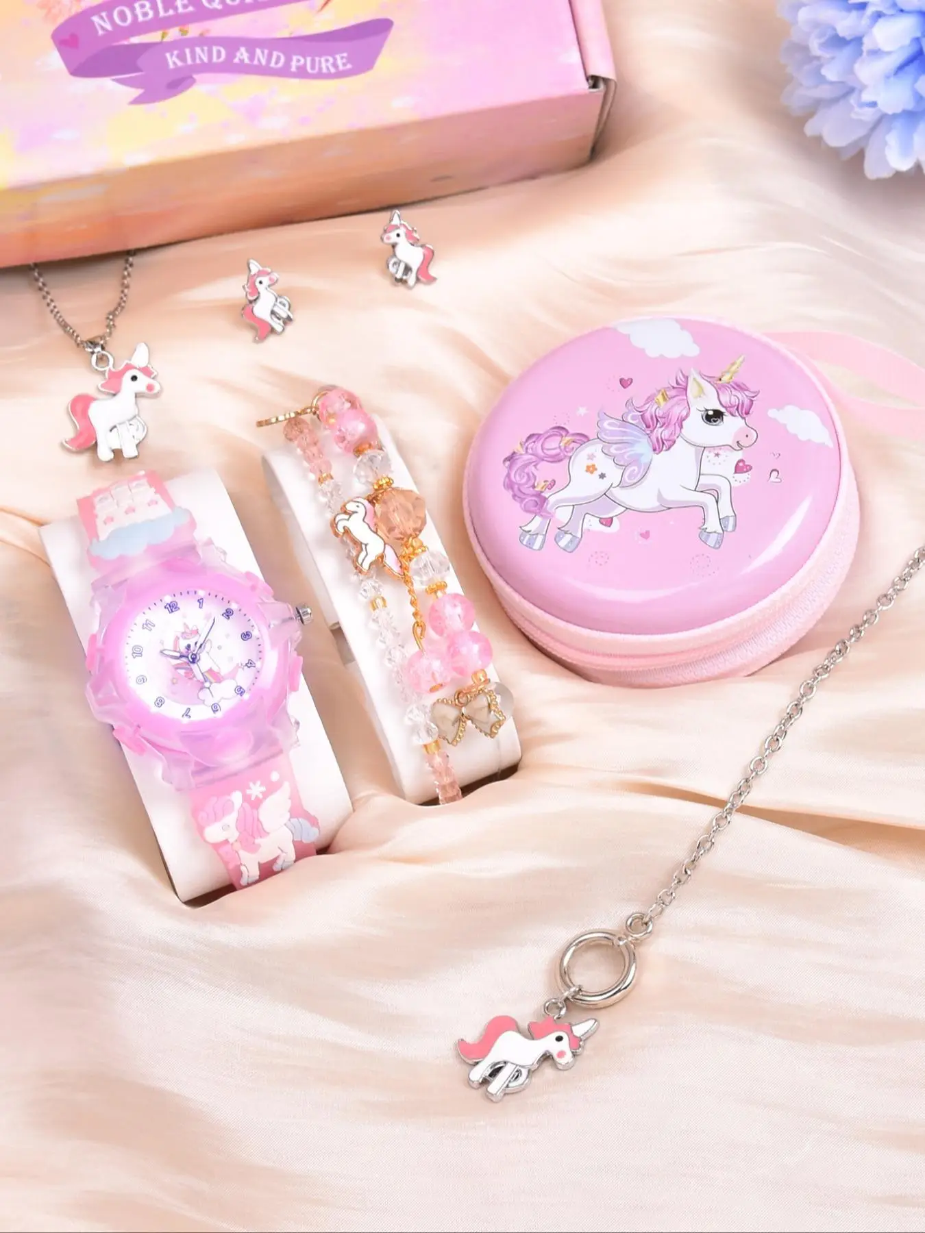 Cute Cartoon Unicorn Design Quartz Watch & Jewelry Set, Including Watch, Bracelet, Necklace, Earrings, Coin Purse, Fashionable Watch Set for Girls As