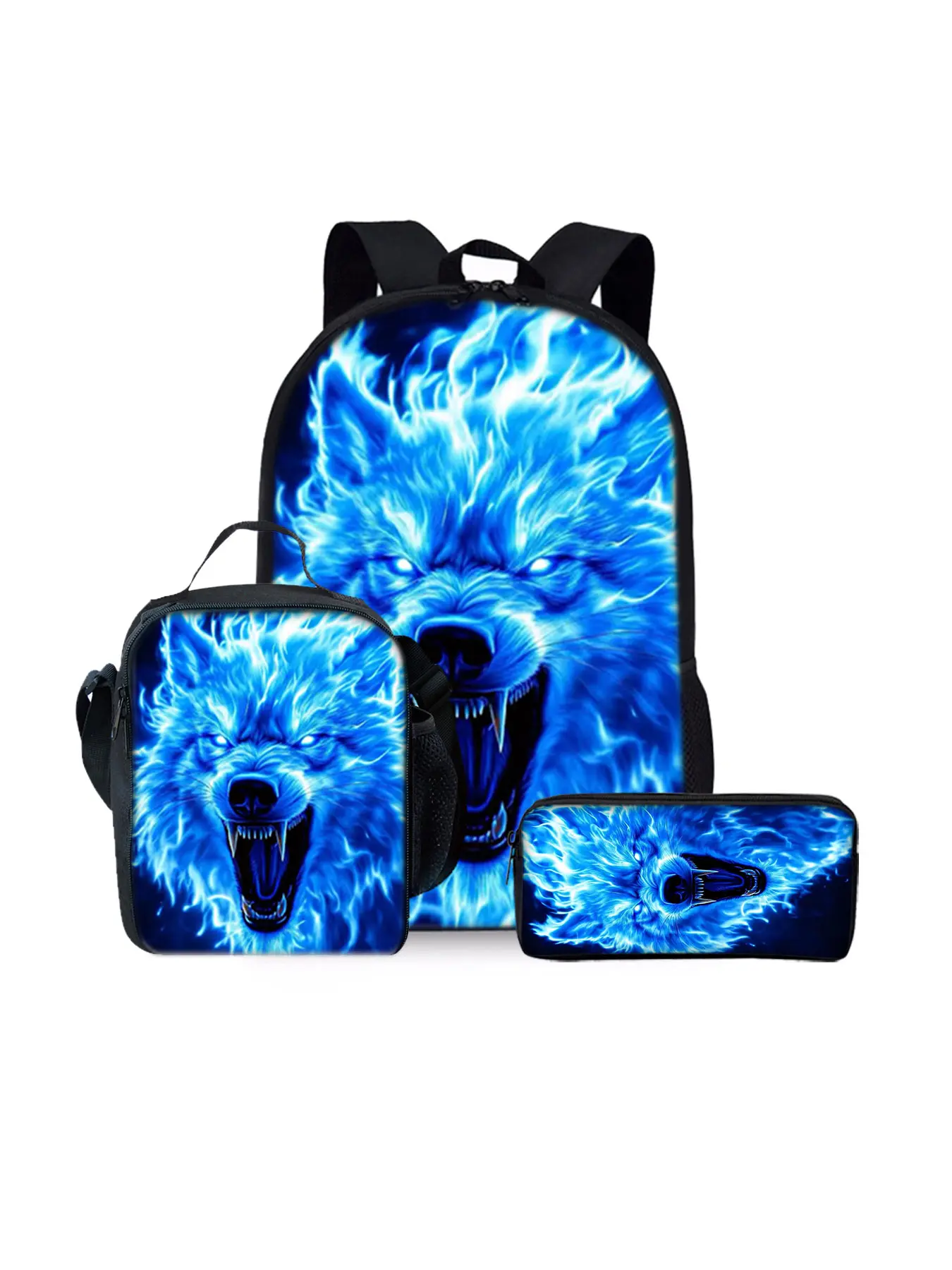Wolf pattern printed 17-inch backpack three-piece set (single-layer backpack + shoulder strap lunch bag + single-layer pencil case)