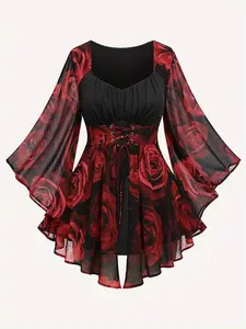 Plus Size Halloween Themed Rose Patchwork Print Asymmetrical Hem Lace Up Chiffon Top, Elegant Chic Ruched Flounce Sleeve Top for Vacation Holiday Party, Women's Plus Clothing for Fall