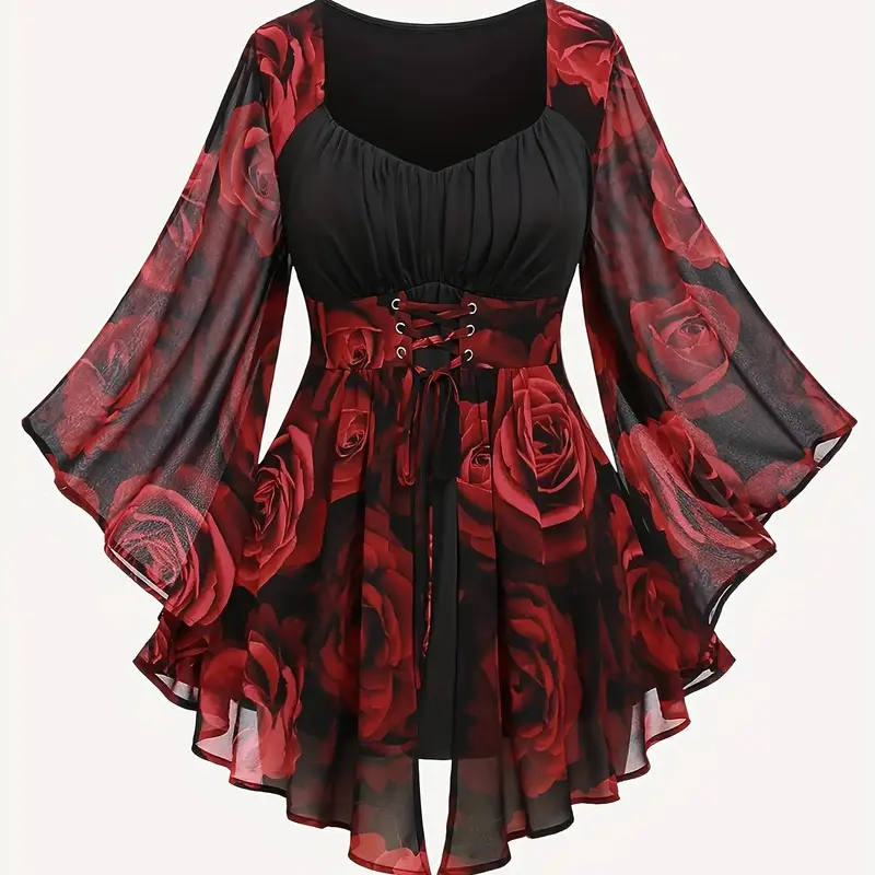 Women's Plus Size Halloween Themed Rose Patchwork Top, Floral Print Asymmetrical Lace-Up Long Sleeve Chiffon Blouse, Elegant Chic Ruched Flounce-Sleeve Top for Fall Vacation & Holiday Parties, Fit‑Feminine Clothing Elegance