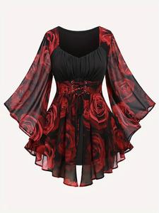 plus size halloween themed rose patchwork print asymmetrical hem lace up chiffon top, chic elegant fit ruched flounce sleeve floral print top for vacation holiday party, women's plus clothing for fall, t-shirt for women, womenswear