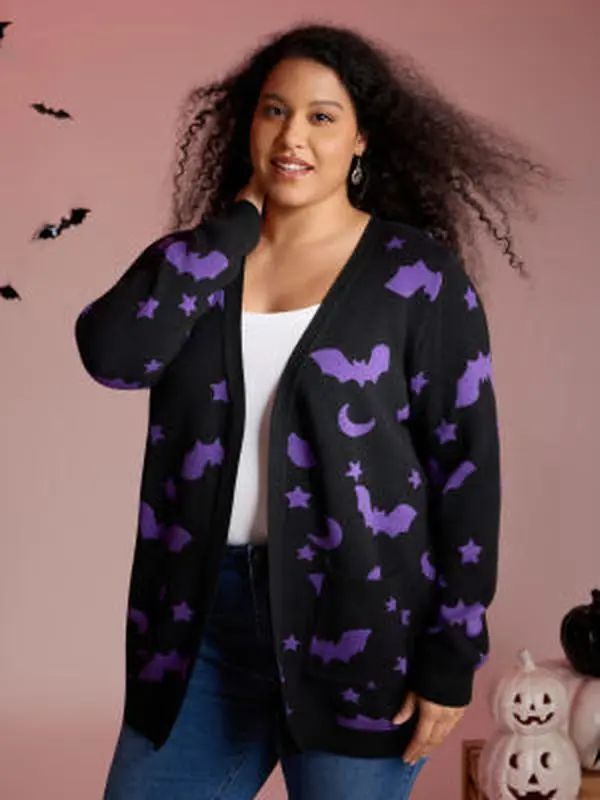 BLOOMCHIC Women's Bat Printed Jacquard Cardigan - Long Sleeve Kimono Collar Casual Tunic, Halloween Pattern, Fitted Knitwear with Patch Pocket, Black