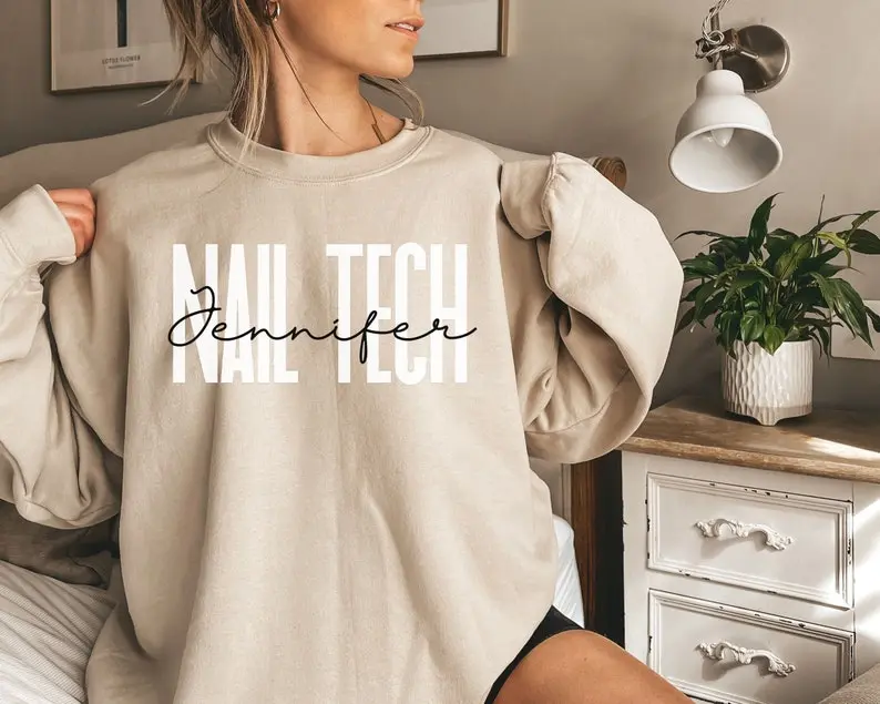 Personalized nail tech shirt, sweatshirt, hoodie, long sleeve, gift, custom name nail technician, cosmetology, esthetician