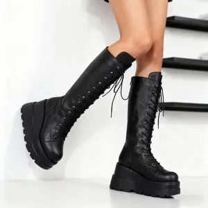 EROCALLI Womens Platform Mid Calf Boots for Women Goth Punk Combat Wedges with Lace up Round-Toe Side Zip Black Gothic Platform round Toe Mid Calf Back Zipper Motorcycle Boot Vegan Leather Mid Calf Wedge Punk Combat Boots