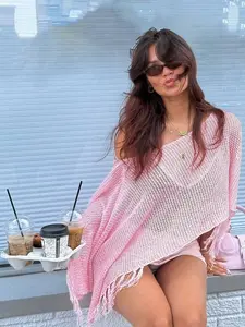 Women's Hollow Knit Cape, Asymmetrical Fringe Hem Pullover, Sexy Transparent Mesh Beach Cover-Up, Bohemian Batwing Sleeve Top, Swimwear Cover Up, Swimsuit Cover Up