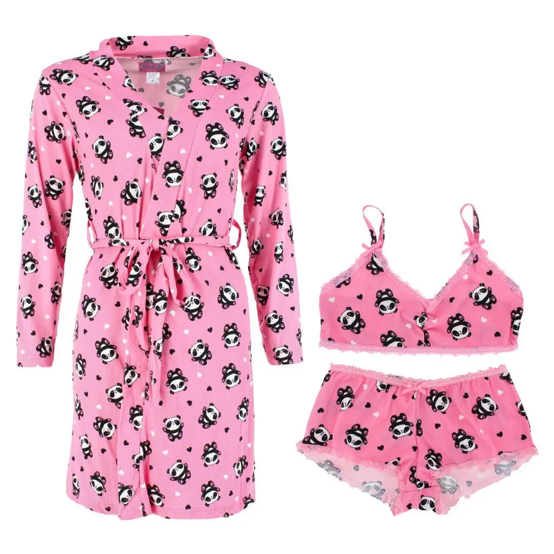 Love to Sleep Women's Panda Print Robe Lounge Set, Robes and Kimonos, Shorts, Bra, Lace, Top, Pajama Set, Nightwear, Fabric, Loungewear, Ribbed