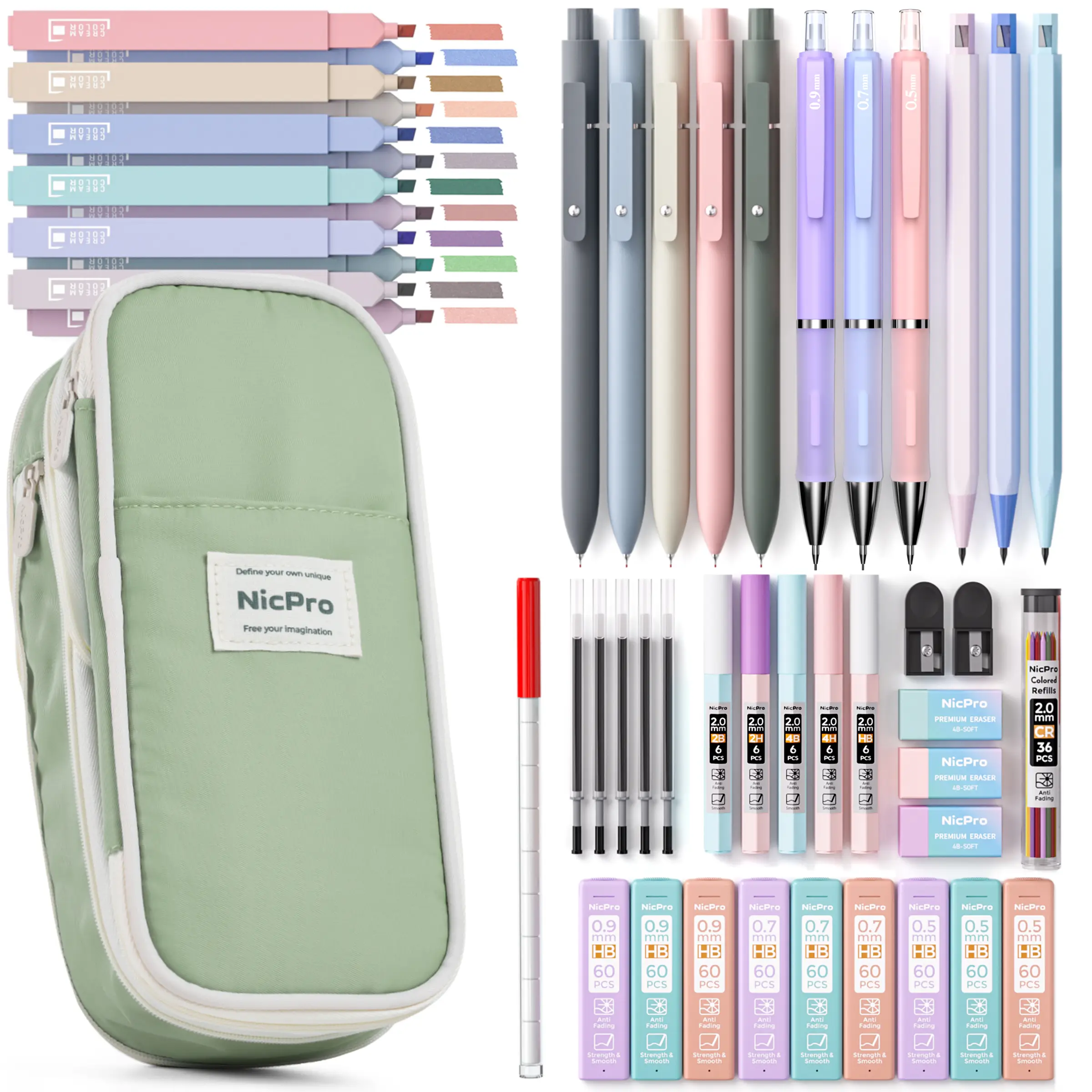 Nicpro 50PCS Aesthetic School Supplies with Cute Pencil Case, 5 Quick Dry Black Ink Pens, 12 Pastel Highlighters, 6 Mechanical Pencil 0.5, 0.7, 0.9 &