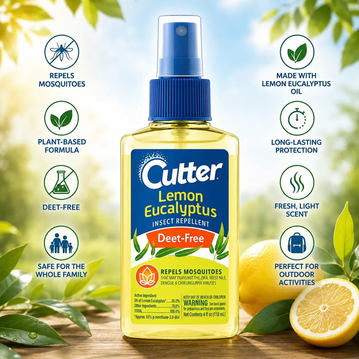 Cutter Natural Mosquito Repellent Pump Spray (4 fl oz/150ml) - DEET-Free, Cool Lemon Eucalyptus Scent, Spray-Based Indoor Insect Control, Indoor Pest Control, Bug Protection, Outdoor Multi-Insect Deterrent, Citrus Home Care Supply
