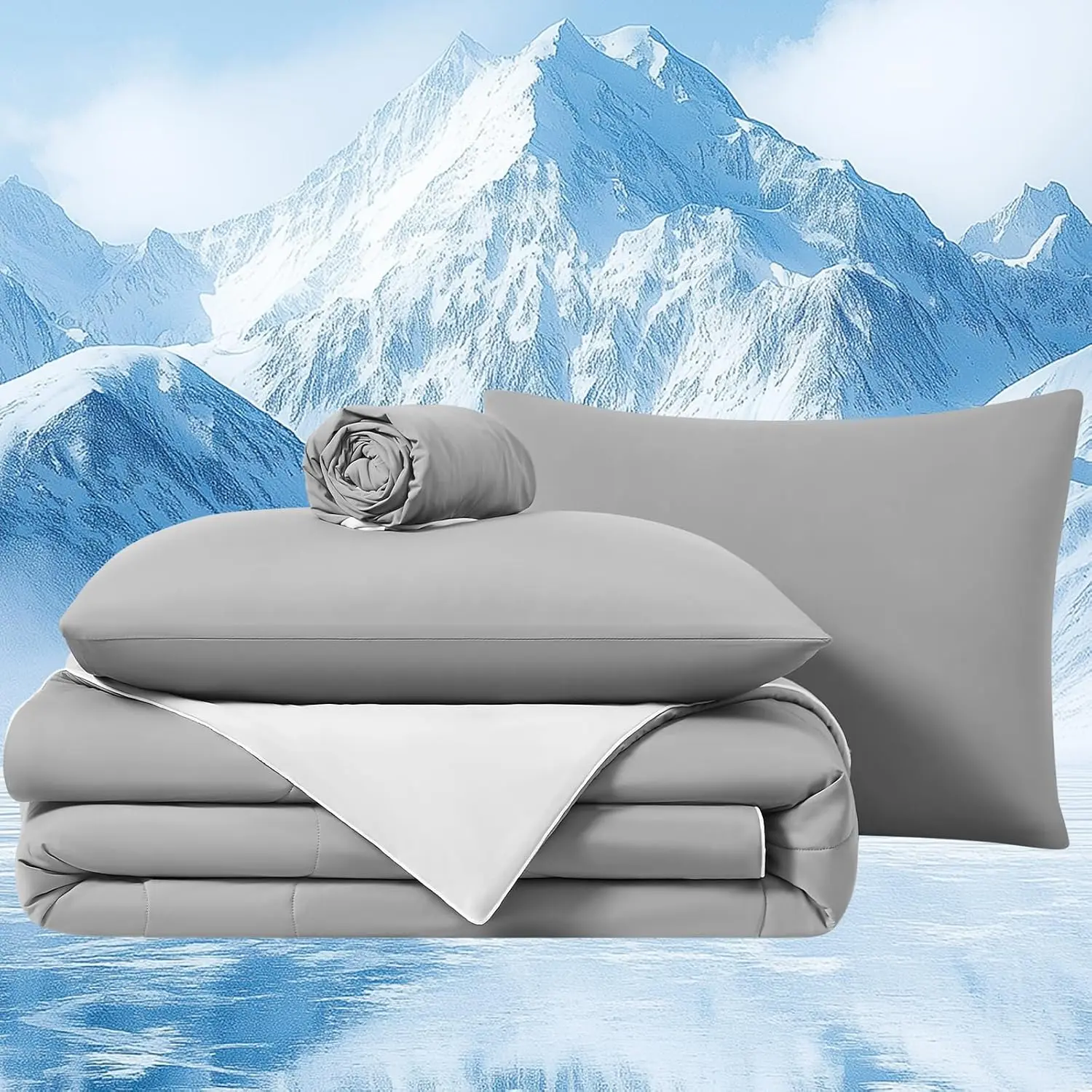 Cooling Comforter Set with Sheets&Pillowcases,Cooling Blanket for Hot Sleeper Cold ice Double Side Grey Bed Set  Size 4 count(Comforter+Fitted Sheets+2Pillowcases)