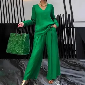 Summer Fashionable V-neck Top+ Long Pants 2 Piece Set