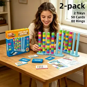 Color Sorting Stacking Puzzle Toy With Trays, Challenge Cards And Rings, STEM Educational Brain Game For Kids Aged 3-8, Suitable For Indoor, Outdoor And Party Interactive Activities