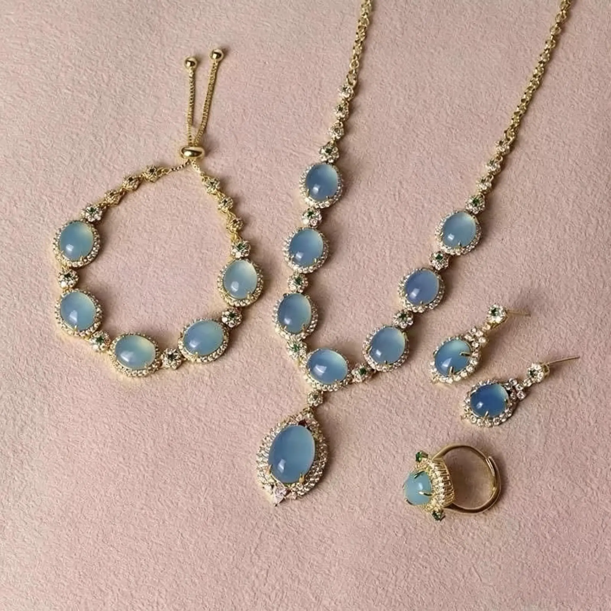 Women's Luxury Genuine Hetian Blue 4-Piece Jewelry Set - Necklace, Earrings, Bracelet, Ring for Bridal Use & Special Events
