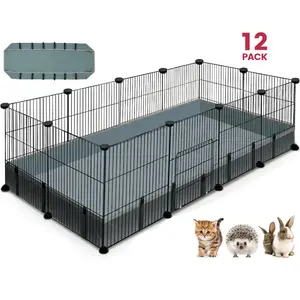12 Panels Small Animal Playpen, 48" x 24" x 16" Pet Playpen with Waterproof Mat, C&C Cage for Guinea Pigs, Puppy Play Pen, Bunny Playpen, Indoor Outdoor Portable Metal Wire Yard Fence
