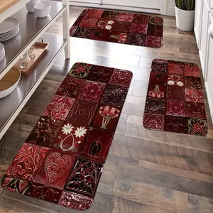JIT 2/3pcs Kitchen Flannel Retro Red relief tile decorative carpet Kitchen carpet set, flannel bedside set floor mat anti-slip washable bedside soft carpet, suitable for kitchen, laundry room, corridor floor running mat carpet