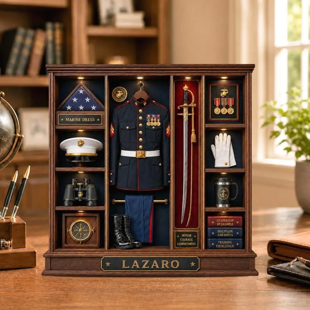 Personalized Marine Dress Blues Display, USMC Retirement Gift, Custom Marine Name Sign, Military Service Keepsake, Veteran Desk Decor