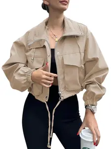 Women's Solid Zip Up Crop Jacket, Casual Fitted Fashionable Pocket Lightweight Long Sleeve Outerwear, Ladies Spring & Fall Clothes, Clothes for Women, Womenswear