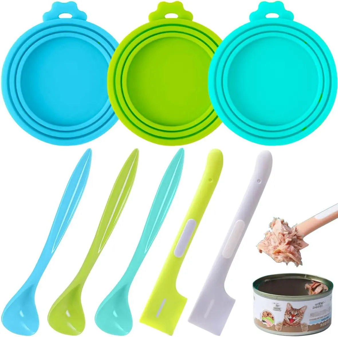 Pet Food Can Lids & Spoons Set - 3 Covers, 5 Mixing Scoops, Fits Most Standard Dog & Cat Can Tops for Storage & Feeding Needs