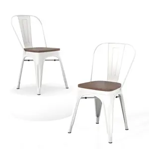 Ferroiarea Set of 2 White Wooden Seat Metal Dining Chairs with Back – Kitchen & Dining Room Chairs for Adults, Indoor Stackable Seating